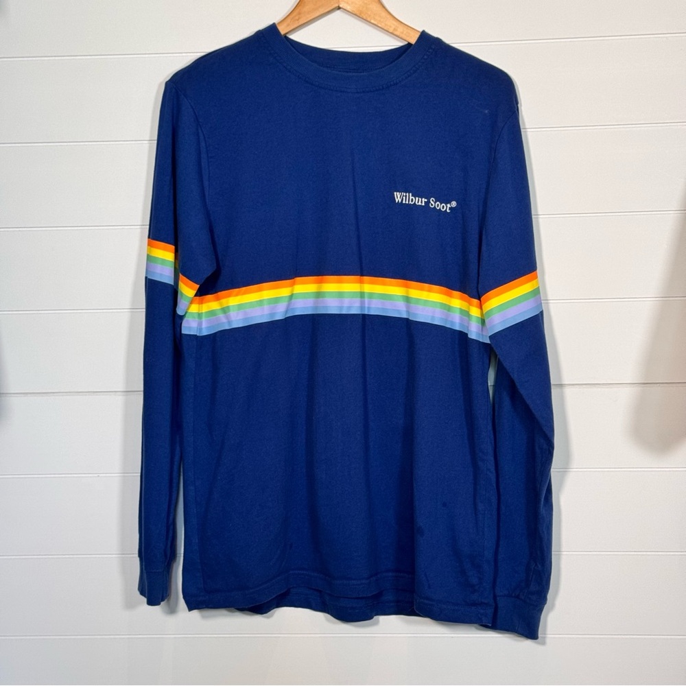 Wilbur Soot Blue Long Sleeve Shirt with Rainbow Stripe Medium